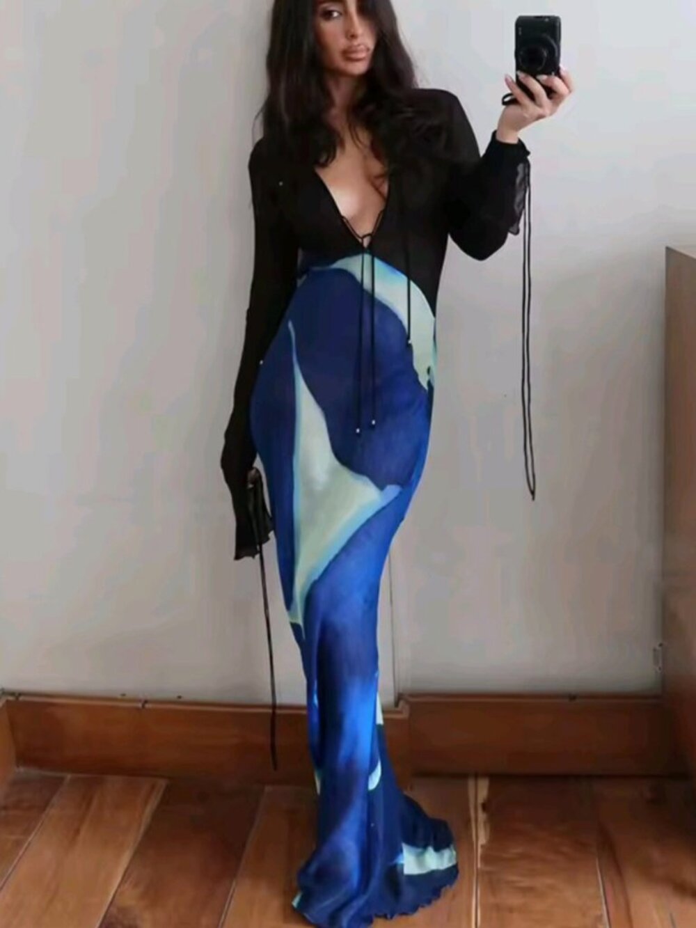Long Dresses And Sleeves Mesh Patchwork Deep V-Neck Casual Sexy Beach Style